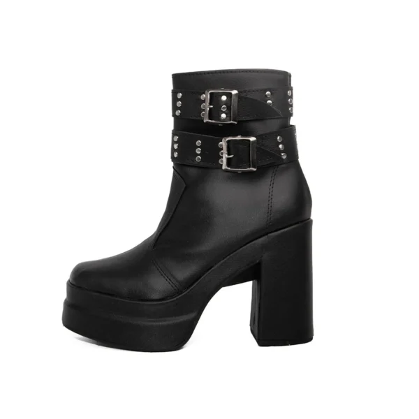 Bota Mujer Negra con Taco y Hebillas