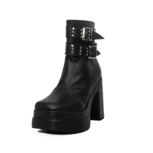 Bota Mujer Negra con Taco y Hebillas