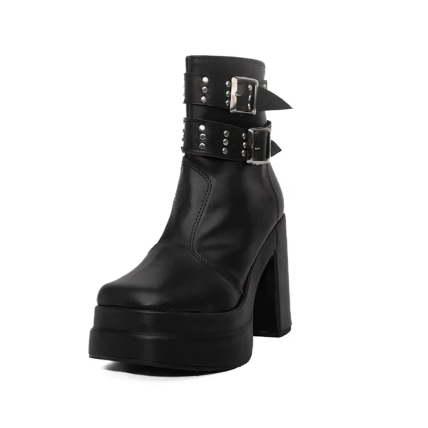Bota Mujer Negra con Taco y Hebillas